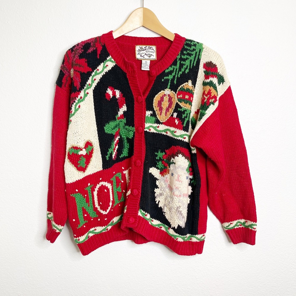 Vintage Heirloom Collectibles Christmas Cardigan Santa Noel Red Sweater Medium
